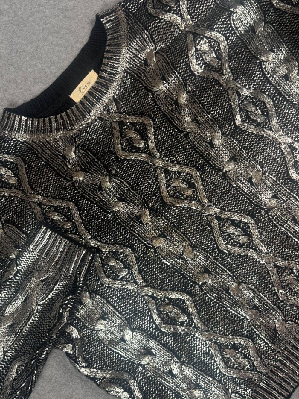 Elan Metallic Silver Foil Cable Knit Black Sweater Small